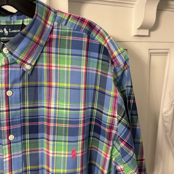 Ralph Lauren Plaid Button Down Shirt Mens XLT Blue Classic-Fit Short Sleeve - Picture 4 of 11